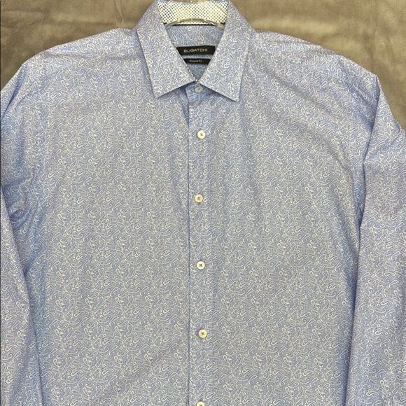 Bugatchi Blue and White Geometric Dress Shirt - Picture 1 of 8